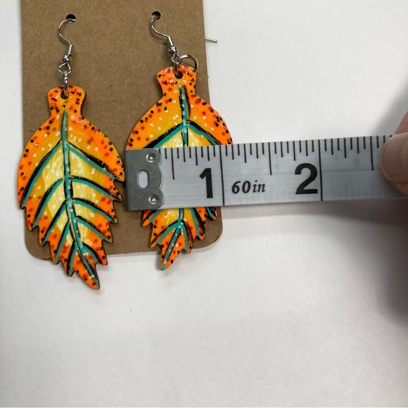 Hand Made Fall Orange Wooden Leaf Earrings Painted Wooden Autumn One of a Kind - Picture 9 of 10